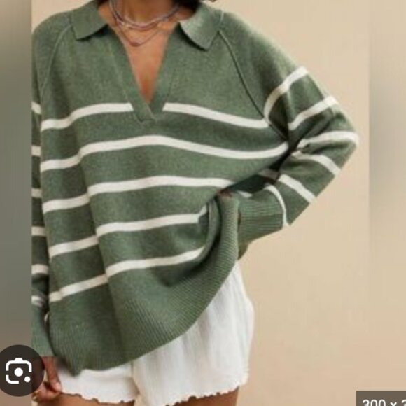 Aerie Unreal Cozy Stripe Polo Sweater Green White Size XS (Oversized) - Picture 1 of 8